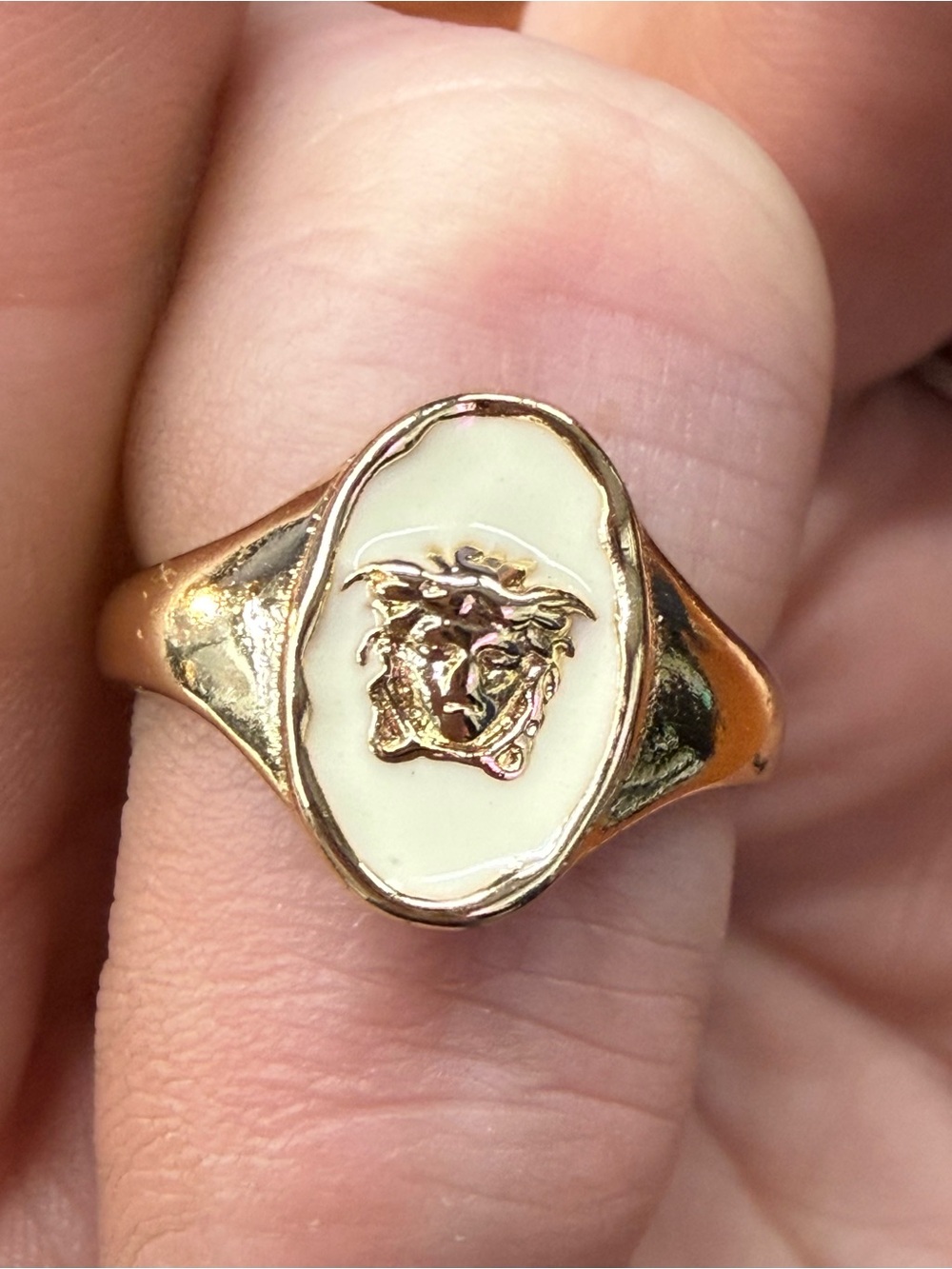 "versace" inspired -Gold-Tone White Enamel Signet Ring with Raised Medallion